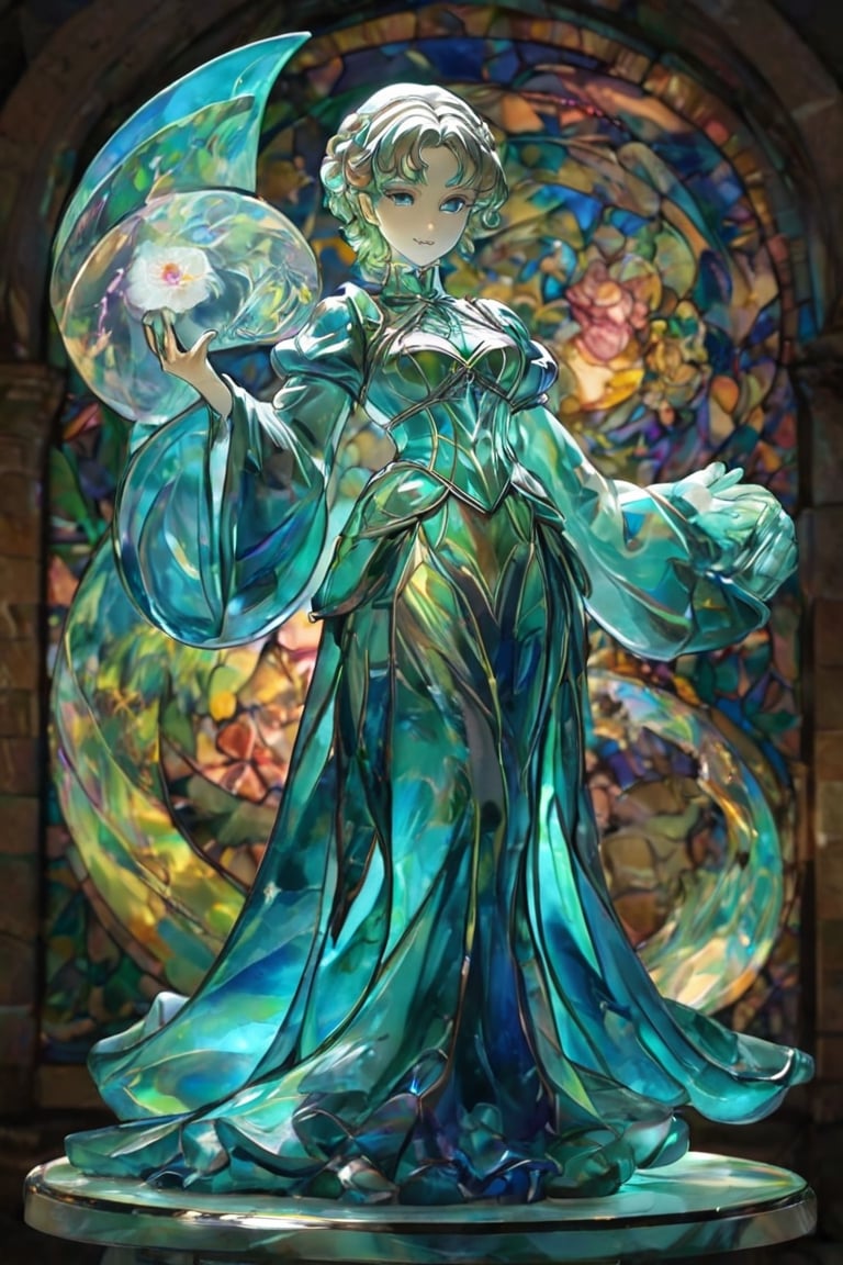 sss, A figurine of a woman made out of glass holding a poster. BREAK Full body shot with an iridescent stained glass background. Best quality score_9, with insane detail in a realistic anime style with vivid colors.