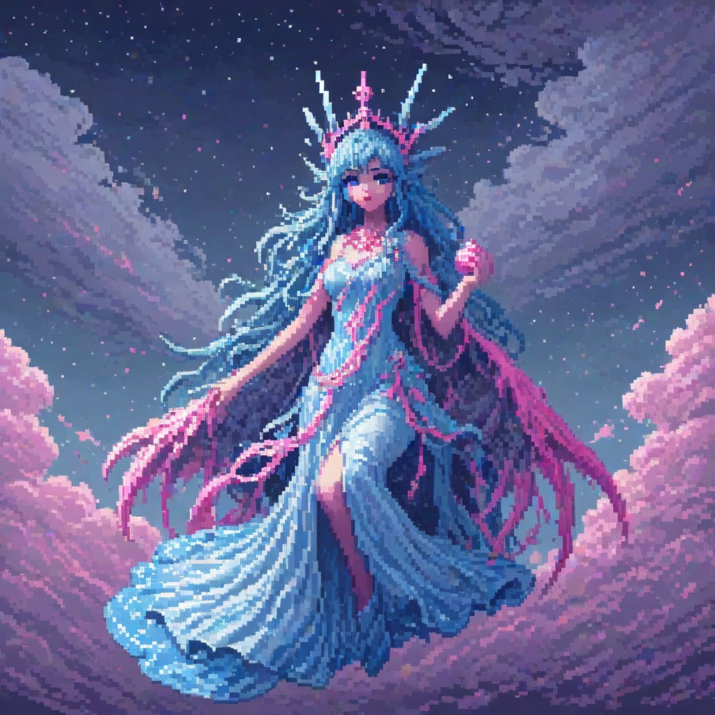 SelectiveColorStyle, 2colorpop pink and blue. Pixel art of a cloud goddess. Starry clouds background. Best quality score_9 with very aesthetic vivid colors in a (realistic:0.9) (anime:1.1) style.