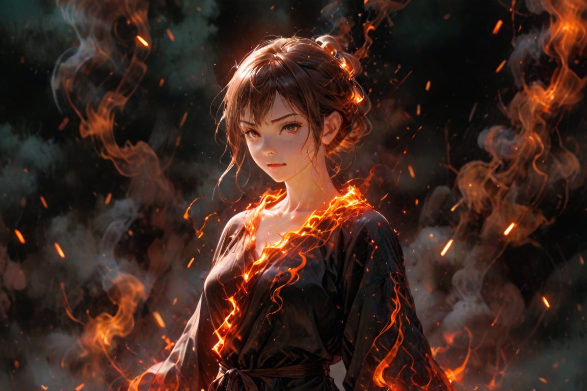 fire element. A  fire woman (composed of fire elements:1.2) in a black bath robe. Best quality score_9 with very aesthetic vivid colors in a (realistic:0.9) (anime:1.1) style.