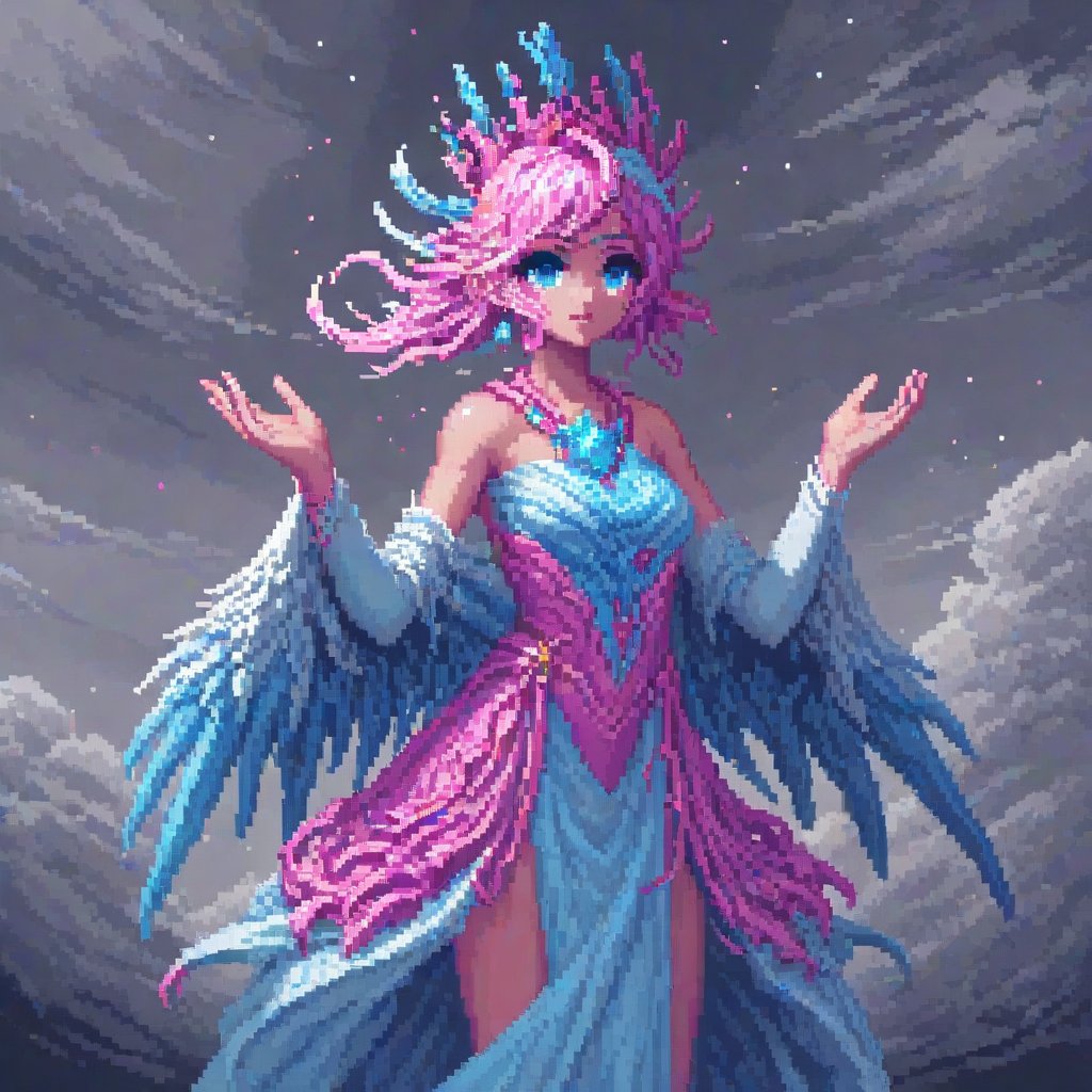 SelectiveColorStyle, 2colorpop pink and blue. Pixel art of a cloud goddess. Cloudy stars background. Best quality score_9 with very aesthetic vivid colors in a (realistic:0.9) (anime:1.1) style.