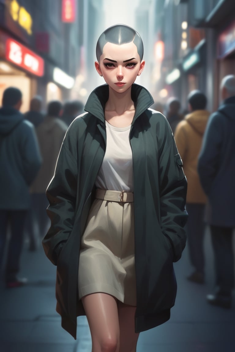 An elegant young woman with a buzz cut wearing a long jacket in a crowded city street. Highest quality full body shot with detailed lighting in an anime style.