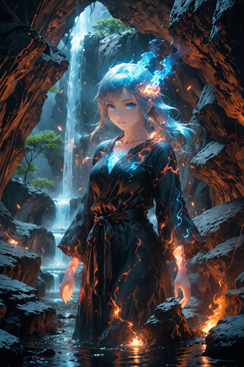 blue fire element. A blue fire woman (composed of fire elements:1.3) in a black bath robe. Waterfall cave background. Best quality score_9 with very aesthetic vivid colors in a (realistic:0.9) (anime:1.1) style.