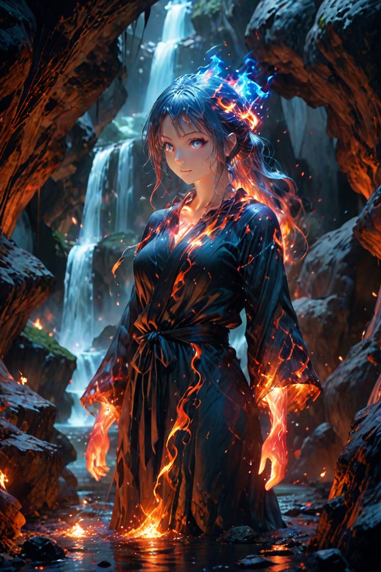 fire element. A blue fire woman (composed of fire elements:1.2) in a black bath robe. Waterfall cave background. Best quality score_9 with very aesthetic vivid colors in a (realistic:0.9) (anime:1.1) style.