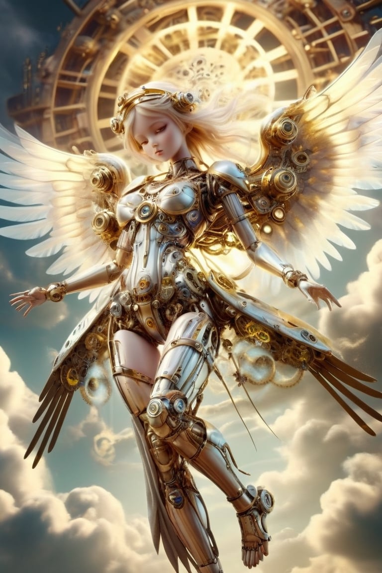 DonMSt34mPXL. A beautiful mechanical angel with filmy glowing wings. It is floating in the sky displaying holy grace and power. Cloudy background with heavenly radiance. Best quality, with insane detail in an anime style.