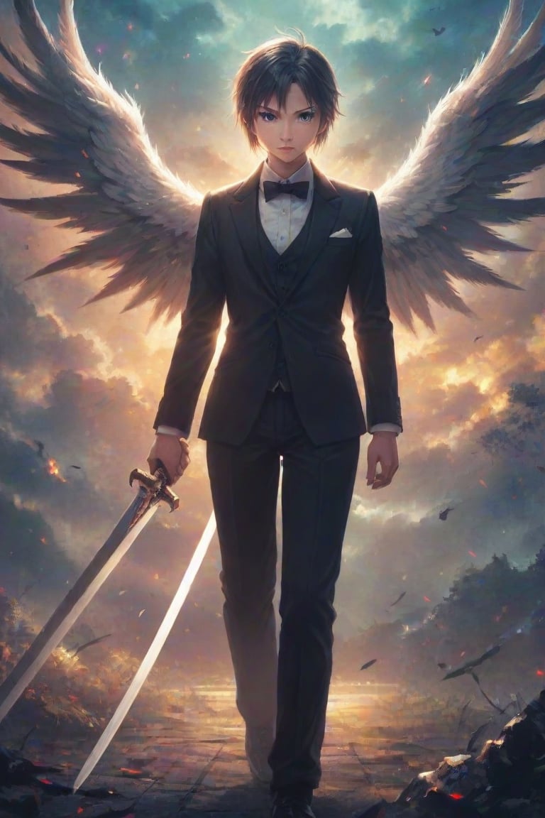 Angel in a black tuxedo with feathery wings holding a sword. Best quality score_9 with very aesthetic vivid colors in a (realistic:0.9) (anime:1.1) style.