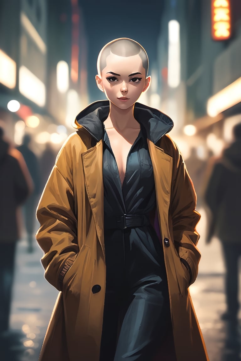 An elegant young woman with a buzz cut wearing a long jacket in a crowded city street. Highest quality full body shot with detailed lighting in an anime style.