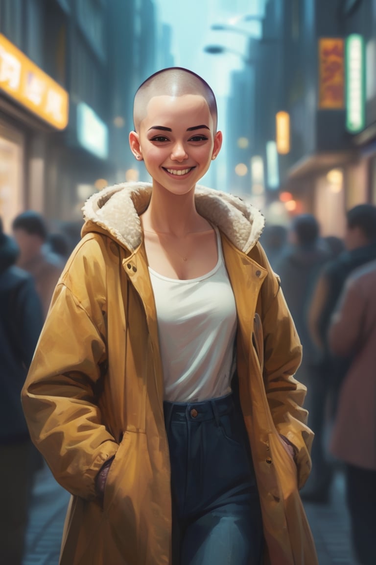 An elegant young smiling woman with a buzz cut wearing a long jacket in a crowded city street. Highest quality full body shot with detailed lighting in an anime style.