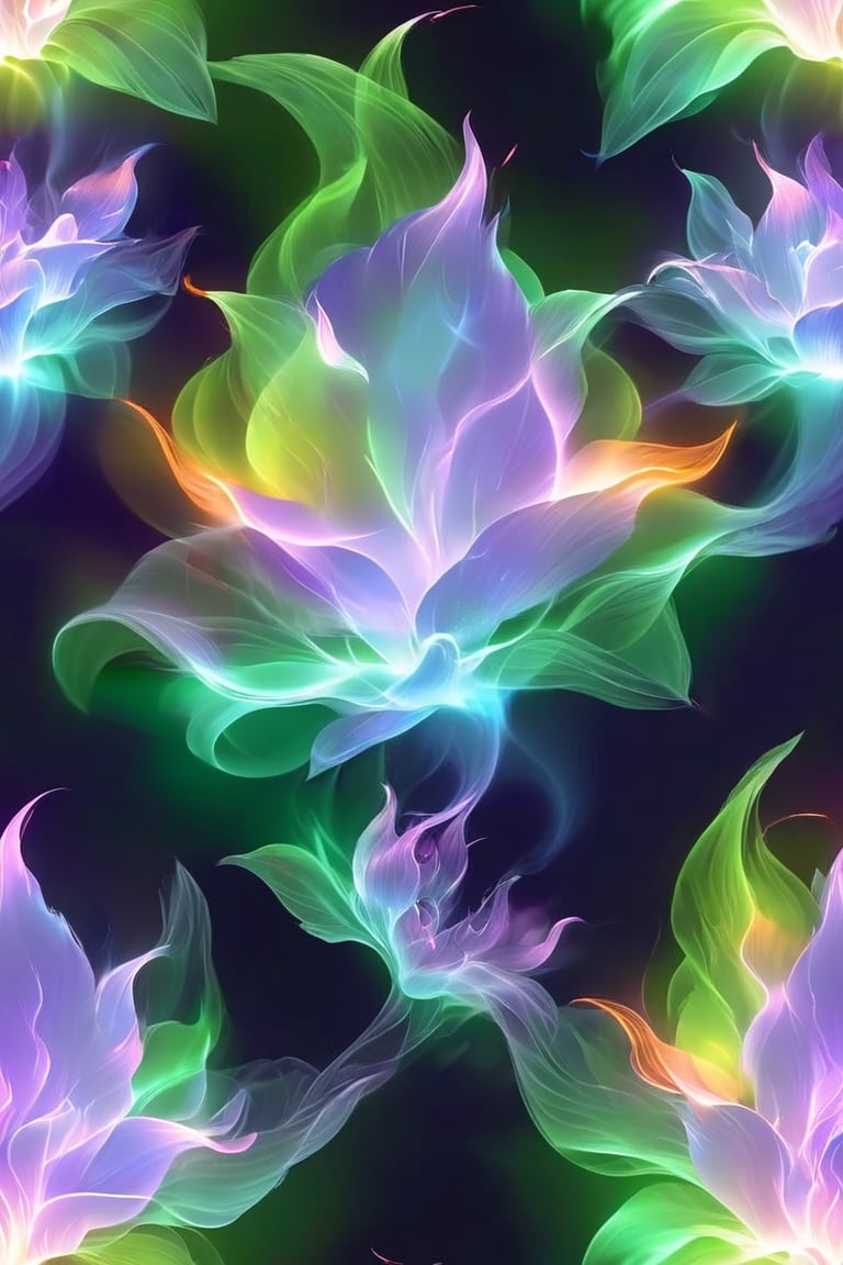 Minimalist hologram of purple and green faerie fire. Highest quality with hyper-realistic lighting and insane detail.