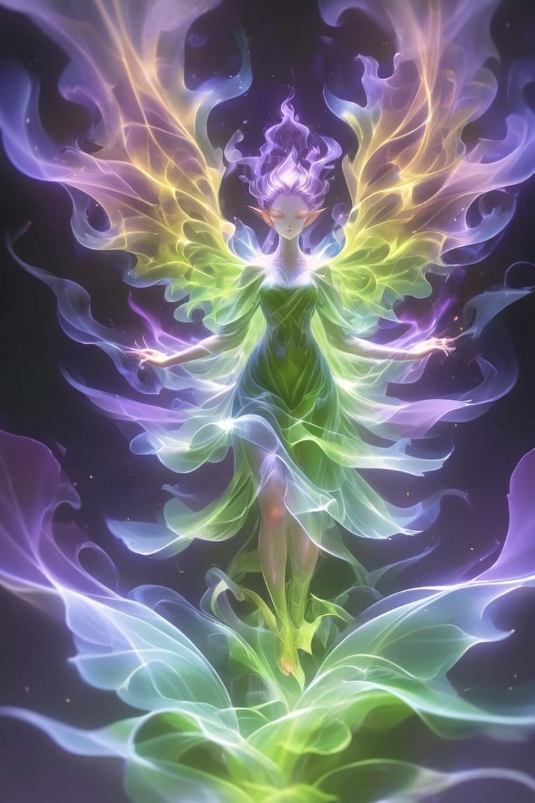 Minimalist hologram of purple and green faerie fire. Highest quality with hyper-realistic lighting and insane detail.