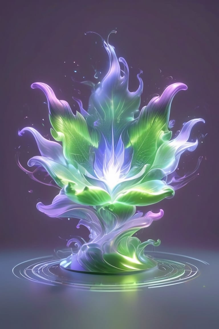 Minimalist hologram of purple and green faerie fire. Highest quality with hyper-realistic lighting and insane detail.