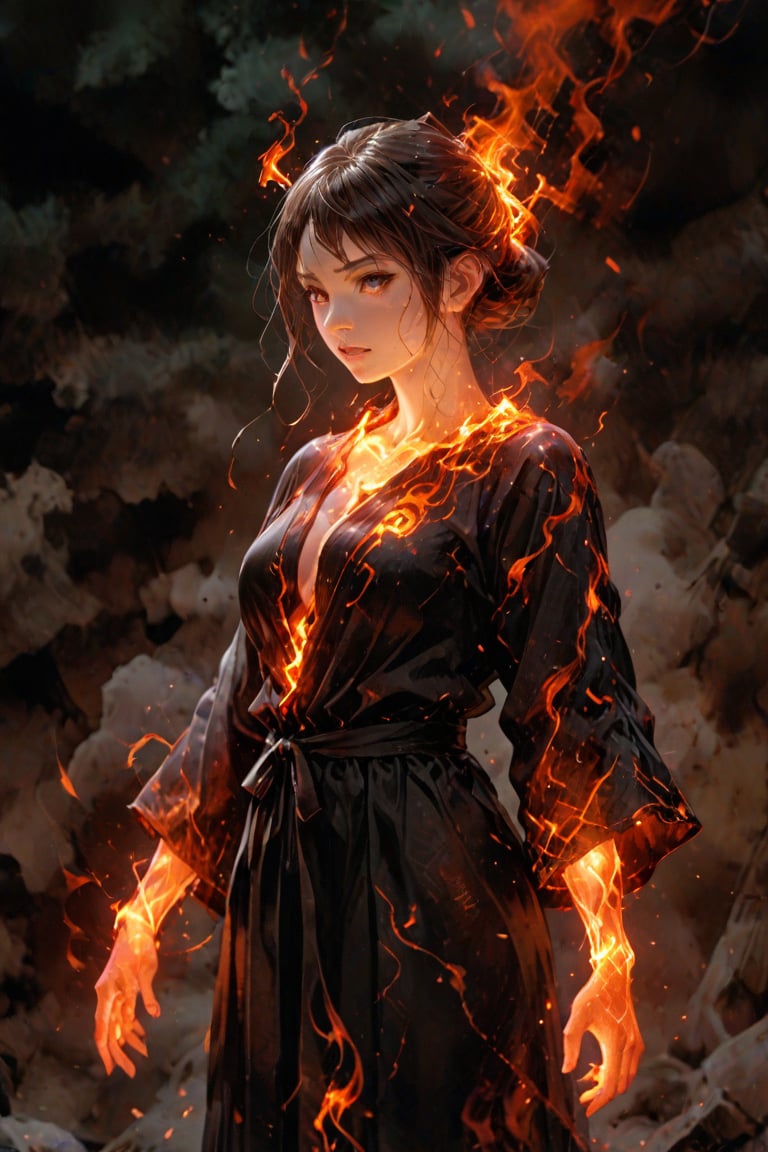 fire element. A  fire woman (composed of fire elements:1.2) in a black bath robe. Best quality score_9 with very aesthetic vivid colors in a (realistic:0.9) (anime:1.1) style.