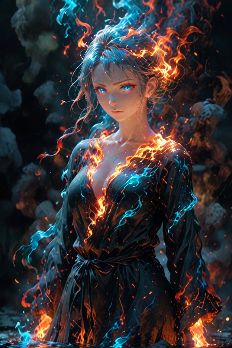 fire element. A blue fire woman (composed of fire elements:1.2) in a black bath robe. Best quality score_9 with very aesthetic vivid colors in a (realistic:0.9) (anime:1.1) style.