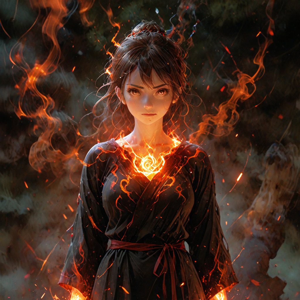 fire element. A  fire woman (composed of fire elements:1.2) in a black bath robe. Best quality score_9 with very aesthetic vivid colors in a (realistic:0.9) (anime:1.1) style.