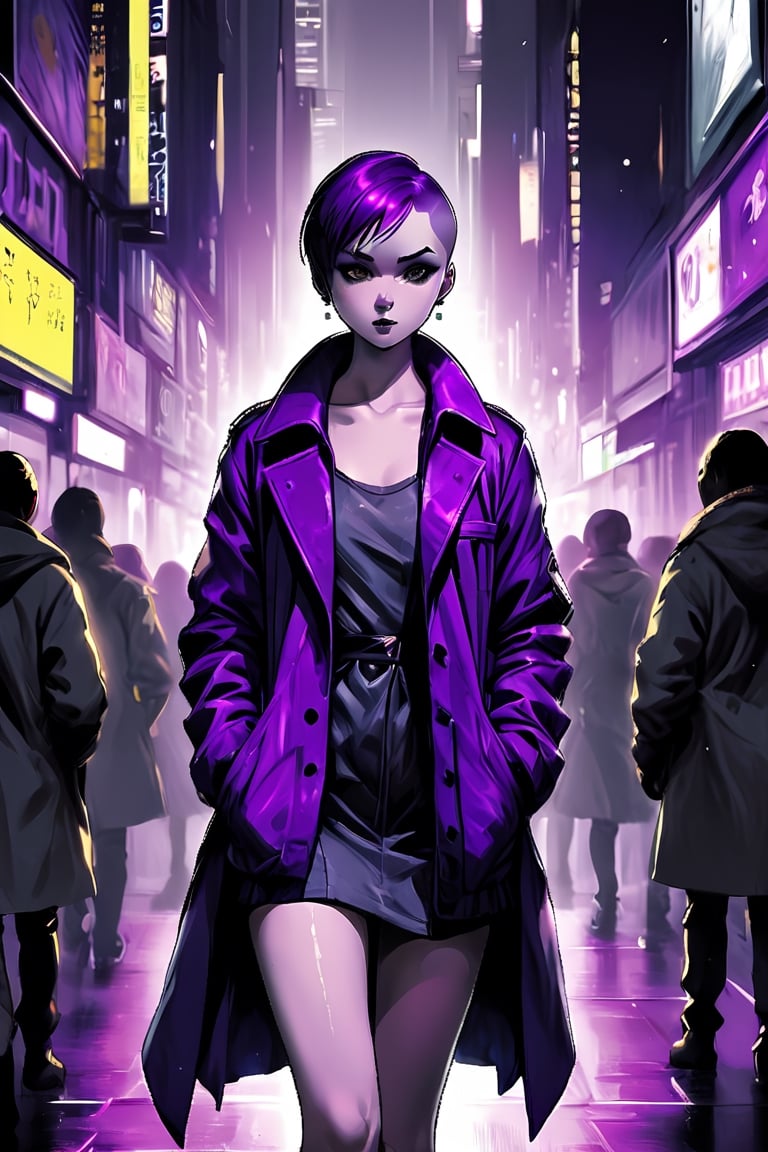 SelectiveColorStyle, 2colorpop dark purple. An elegant young woman with a buzz cut wearing a long jacket in a crowded city street. Highest quality full body shot with detailed lighting in an anime style with vivid colors.