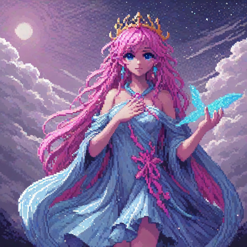 SelectiveColorStyle, 2colorpop pink and blue. Pixel art of a cloud goddess. Starry clouds background. Best quality score_9 with very aesthetic vivid colors in a (realistic:0.9) (anime:1.1) style.