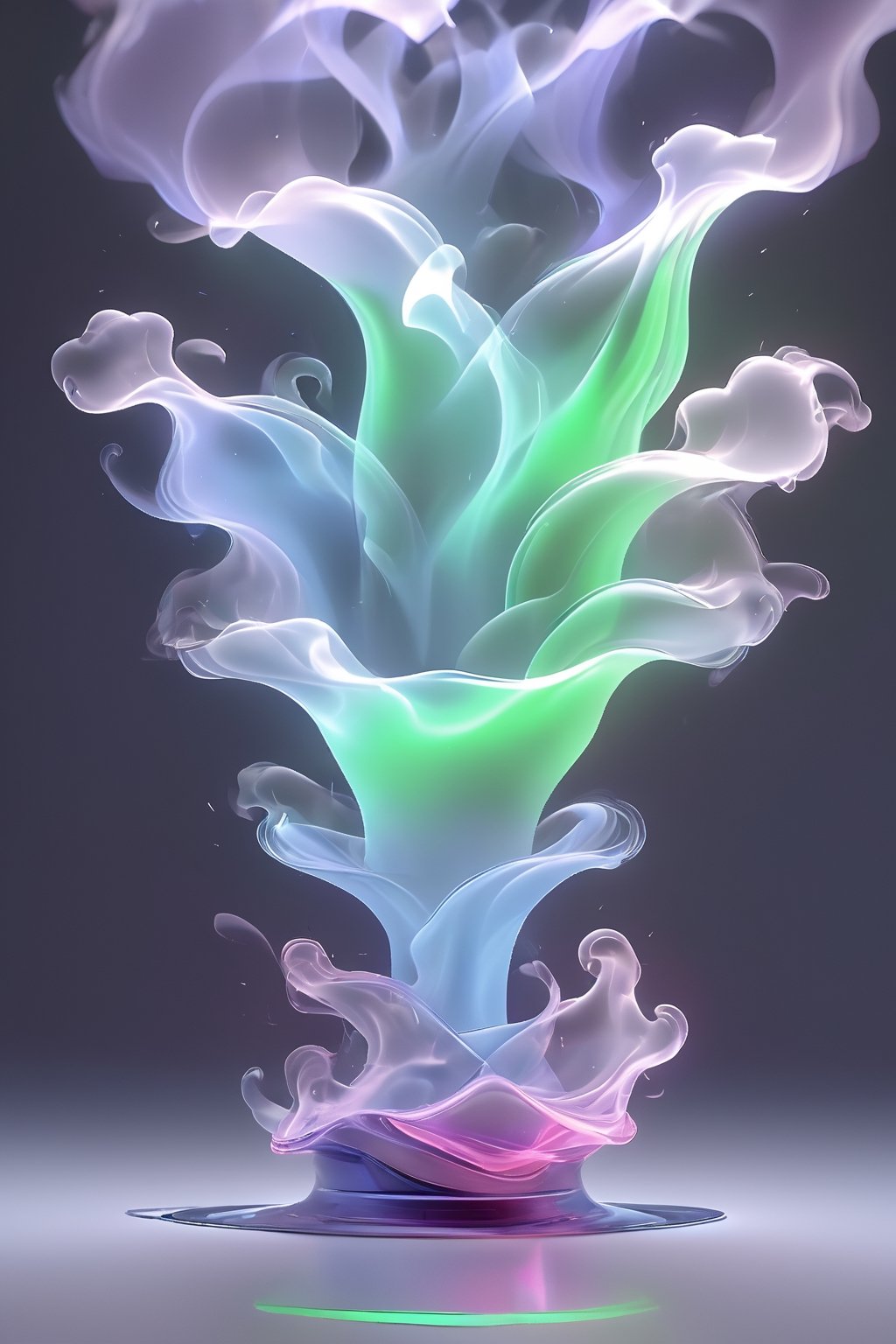 Minimalist hologram of purple and green fire. Highest quality with hyper-realistic lighting and insane detail.