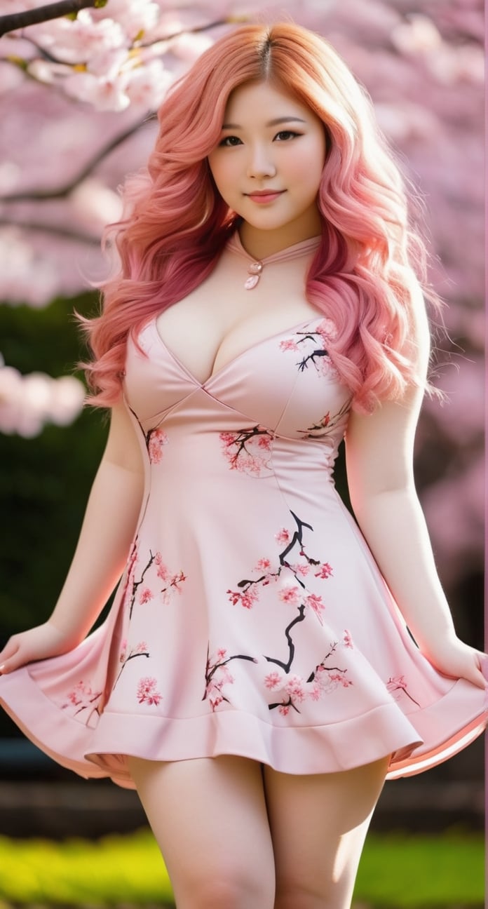 18yo girl, pretty cute japanese face, thick chubby body, slightly smile, gorgeous pink wavy hair, pale skin, pink luxury mini dress, medium perky breast, slightly smile, seductive pose, Sakura tree, falling leaves