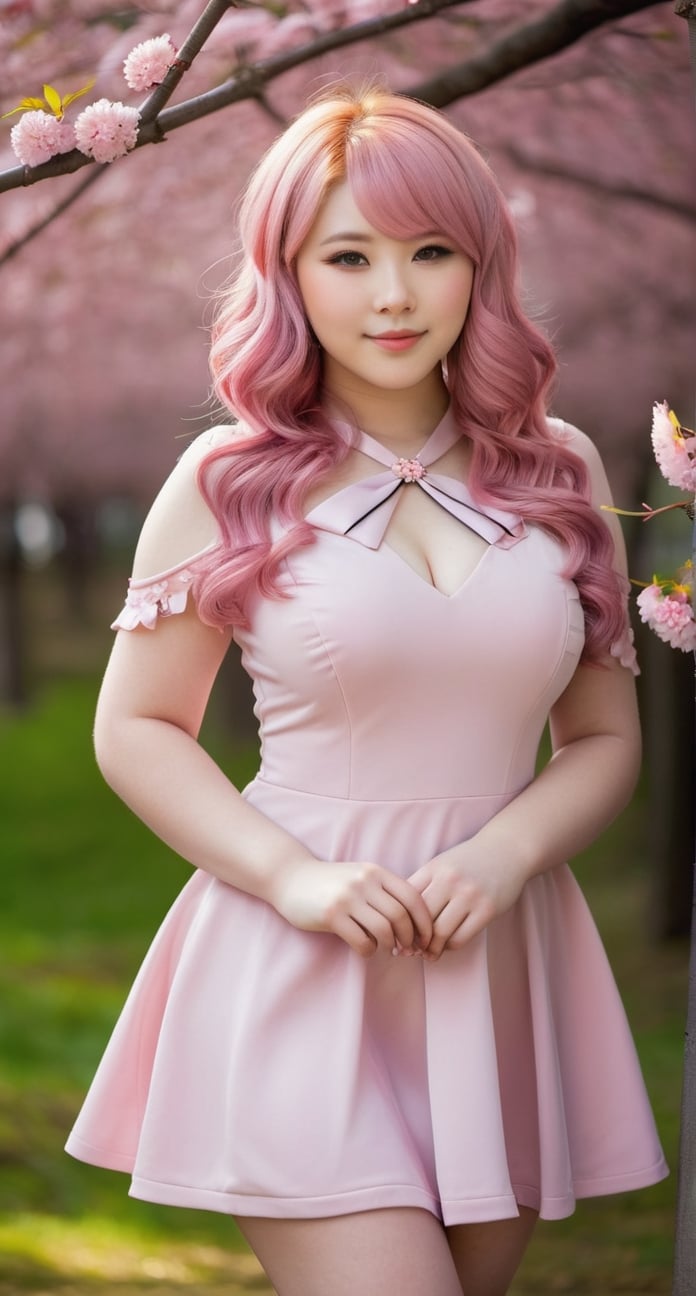 18yo girl, pretty cute japanese face, thick chubby body, slightly smile, gorgeous pink wavy hair, pale skin, pink luxury mini dress, medium perky breast, slightly smile, seductive pose, Sakura tree, pink meadow, falling leaves