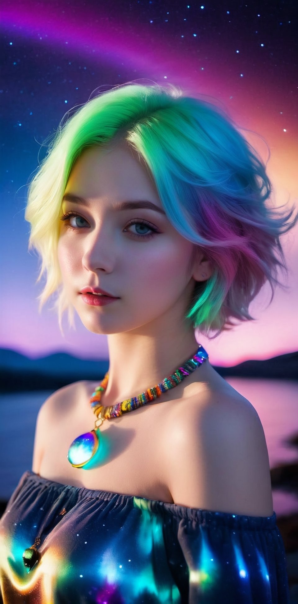 youthfull girl, stunningly beautiful face, pudgy cheeks, pale skin, strange luminous-colorful hair, bright colored eyes, luminous simple necklace, bare shoulder, cosmic lights around her, aurora sky, night time, low lights, upper body shot