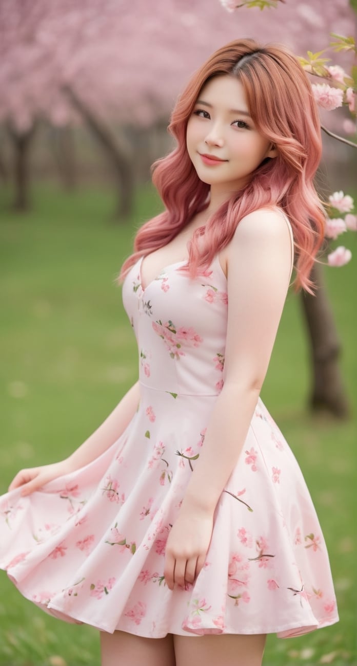 18yo girl, pretty cute japanese face, thick chubby body, slightly smile, gorgeous pink wavy hair, pale skin, pink luxury mini dress, medium perky breast, slightly smile, seductive pose, Sakura tree, pink meadow, falling leaves