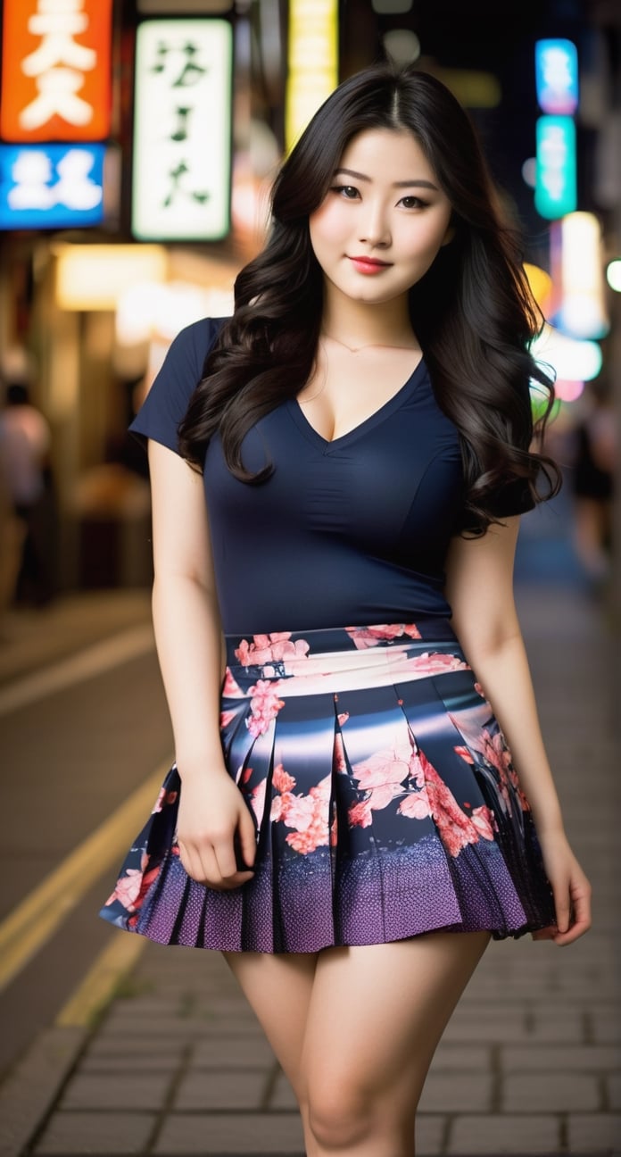 20yo girl, (chubby body:1.3), gorgeous japanese face, long wavy black hair, pale skin, slightly smile, small perky breasts, cleavage, tight fitting shirts v-neck, pleated mini skirt, dynamic model pose, full print fabric, beautiful japanese street, night shot