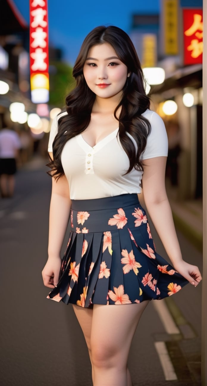 20yo girl, (chubby body:1.3), gorgeous japanese face, long wavy black hair, pale skin, slightly smile, small perky breasts, cleavage, tight fitting shirts v-neck, pleated mini skirt, dynamic model pose, full print fabric, beautiful japanese street, night shot, award winning photography