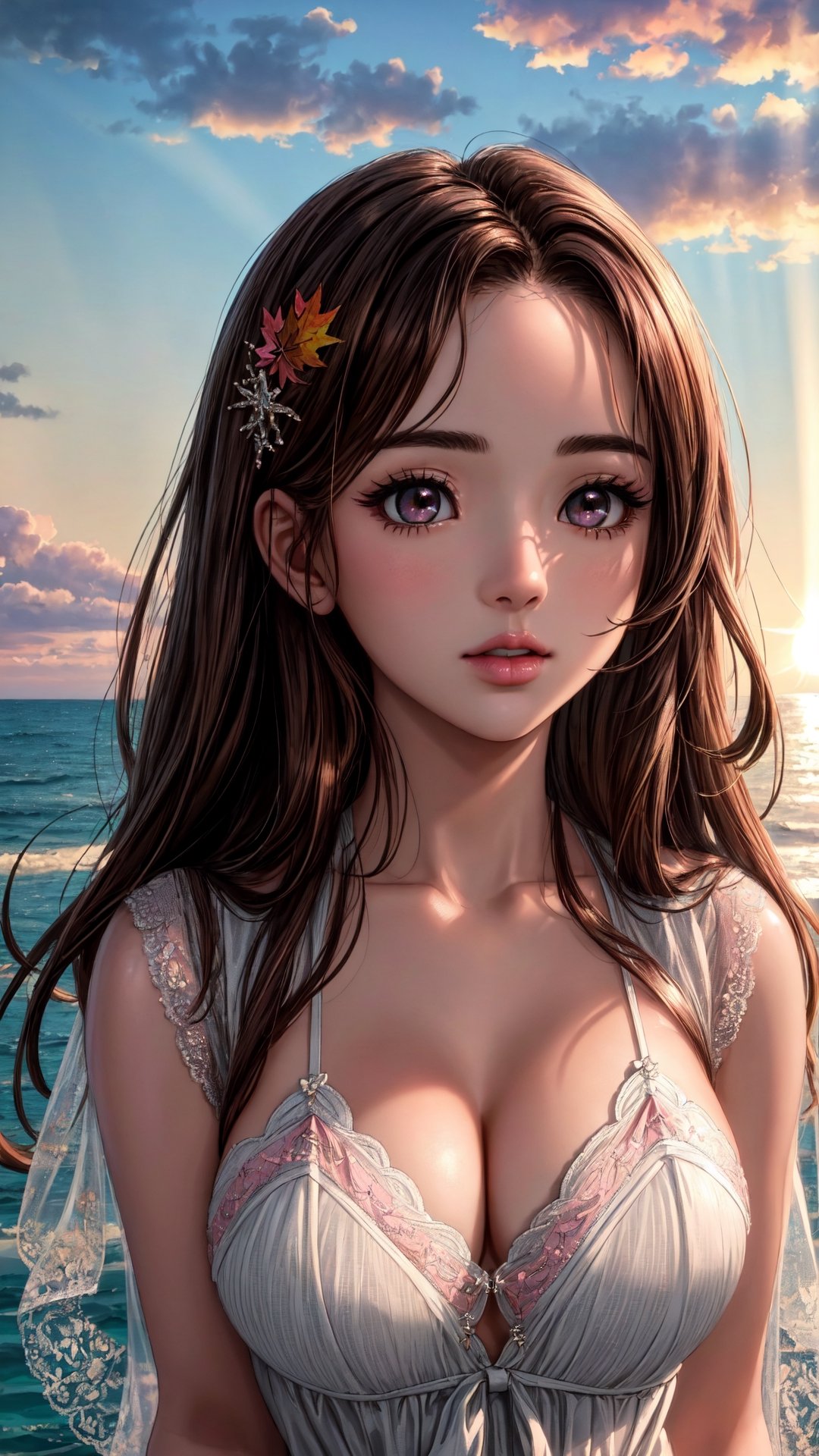 (masterpiece,  best quality),  ultra-detailed,  glow,  (depth of field),  perfect face,  detailed face,  8k,  UHD,  highly detailed,  best quality,  beautiful body,  natural breasts,  1girl,  intricate details,  brown hair,  ocean gray eyes,  pink lips,  beautiful clear eyes,  symmetrical eyes,  A beautiful 18yo girl,  beautiful nature,  Beautiful sun ray light on sky and cloudy,  Autumn, 