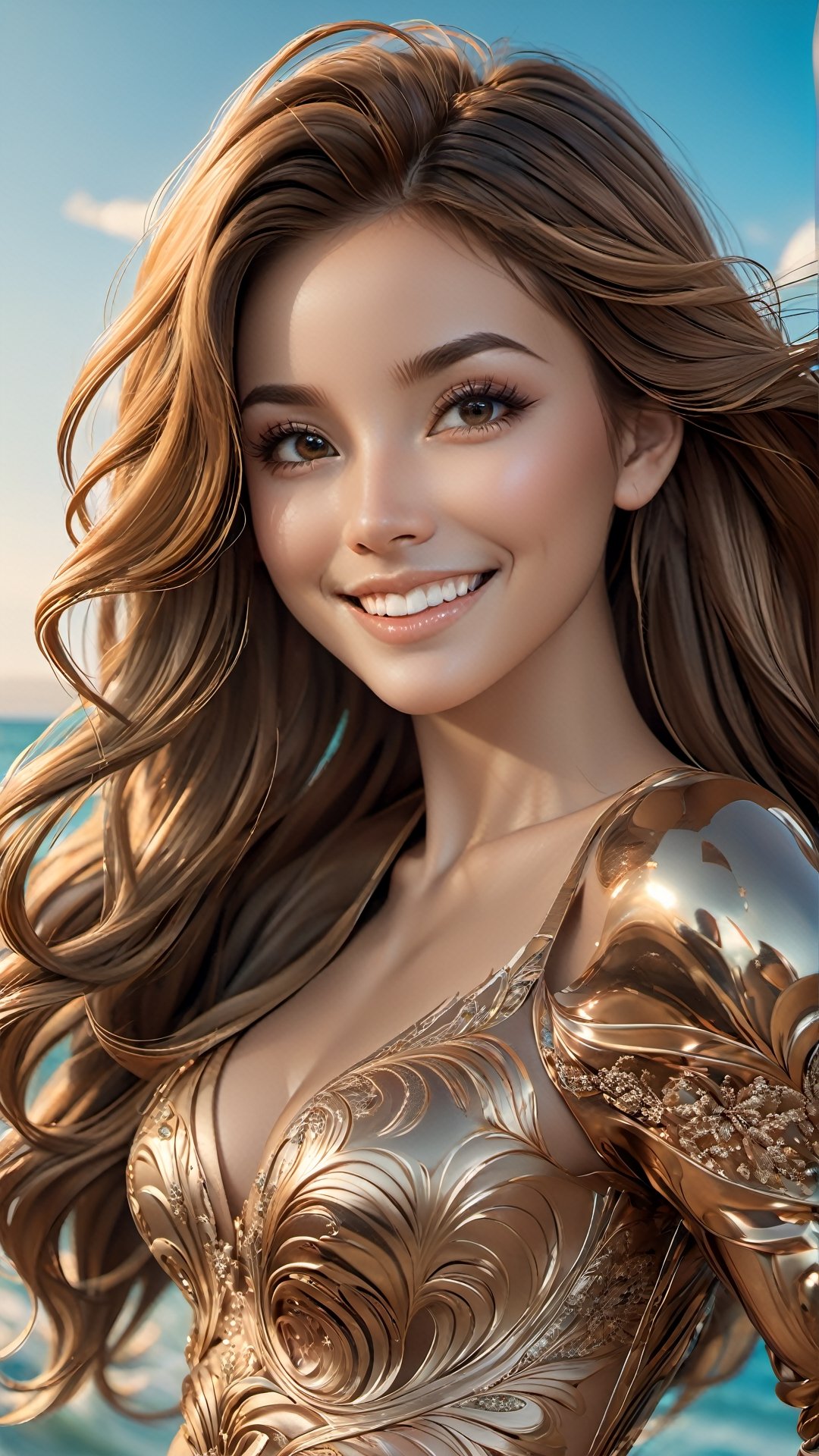 Intricate image of a cute girl with flowy bronz hair,  work of beauty and complexity,  hyperdetailed facial features,  8k UHD,  alberto seveso style
, smile, (nsfw, nude, thigh, slim body:1.3), sea, outdoor, (photorealistic, realistic:1.5), 