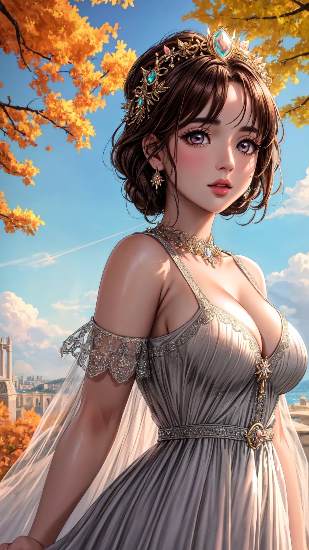 (masterpiece, best quality), ultra-detailed, glow, (depth of field), perfect face, detailed face, 8k, UHD, highly detailed, best quality, beautiful body, natural breasts, 1girl, intricate details, brown hair, ocean gray eyes, pink lips, beautiful clear eyes, symmetrical eyes, A beautiful 18yo girl, wearing an Ancient Rome princess dress, In fantasy Rome city, beautiful nature, Beautiful sun ray light on sky and cloudy, Autumn,