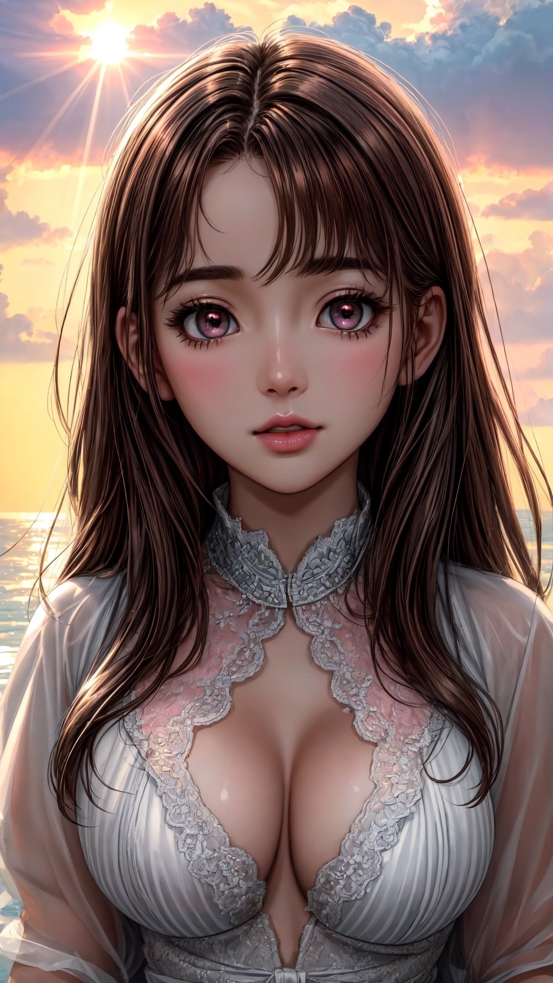 (masterpiece,  best quality),  ultra-detailed,  glow,  (depth of field),  perfect face,  detailed face,  8k,  UHD,  highly detailed,  best quality,  beautiful body,  natural breasts,  1girl,  intricate details,  brown hair,  ocean gray eyes,  pink lips,  beautiful clear eyes,  symmetrical eyes,  A beautiful 18yo girl,  beautiful nature,  Beautiful sun ray light on sky and cloudy,  Autumn, 