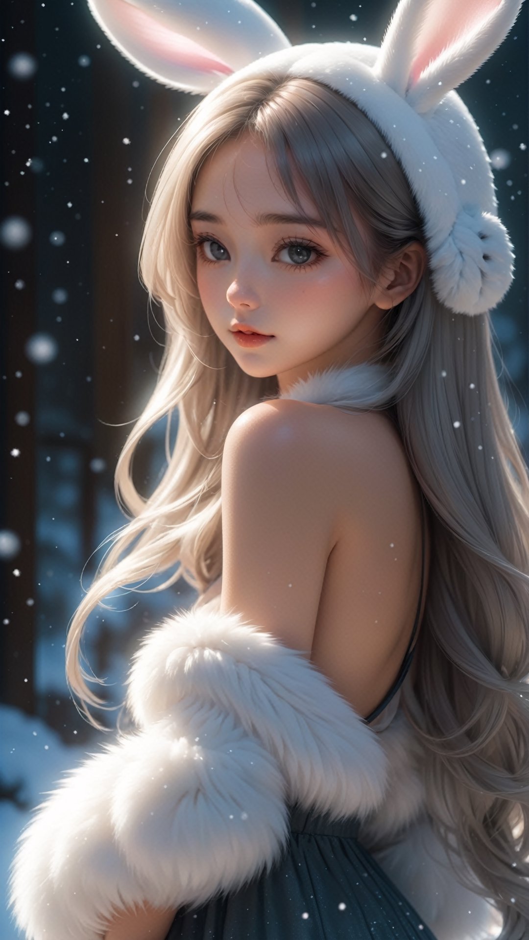 beautiful fur, body, full body, furry skin, fantasy, subsurface scattering, perfect anatomy, glow, bloom, bioluminescent liquid, zen style, still film, cold color, vibrant and volumetric light (masterpiece, top quality, best quality, official art, beautiful and aesthetic: 1.2), (1 cat), extremely detailed, (abstract, fractal art: 1.3), colorful hair, more detailed, detailed_eyes, snowing, smoke bubbles, light particles, lop-eared bunny, 18 year old girl face, perfect body, five fingers, perfect hands, anatomically perfect body, sexy posture, (black eyes), (gray hair), very long hair, long white fur sweater dress, white fur shorts, kemono, dynamic angle, depth of field, hyper detailed, highly detailed, beautiful, small details, ultra detailed, best quality, 4k,((full body)), facing viewer, naked, collarbone, bare shoulders, large breasts, firm breasts ,long neckline, stuck clothes, snowing