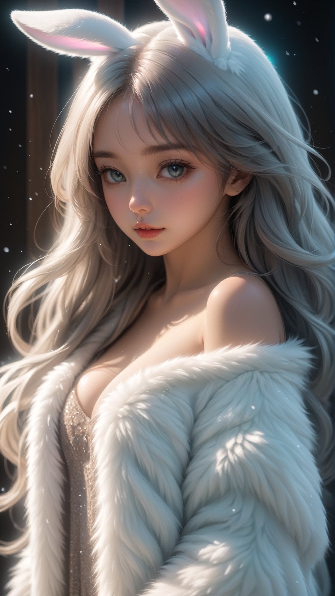 beautiful fur, body, full body, furry skin, fantasy, subsurface scattering, perfect anatomy, glow, bloom, bioluminescent liquid, zen style, still film, cold color, vibrant and volumetric light (masterpiece, top quality, best quality, official art, beautiful and aesthetic: 1.2), (1 cat), extremely detailed, (abstract, fractal art: 1.3), colorful hair, more detailed, detailed_eyes, snowing, smoke bubbles, light particles, lop-eared bunny, 18 year old girl face, perfect body, five fingers, perfect hands, anatomically perfect body, sexy posture, (black eyes), (gray hair), very long hair, long white fur sweater dress, white fur shorts, kemono, dynamic angle, depth of field, hyper detailed, highly detailed, beautiful, small details, ultra detailed, best quality, 4k,((full body)), facing viewer, naked, collarbone, bare shoulders, large breasts, firm breasts ,long neckline, stuck clothes, snowing