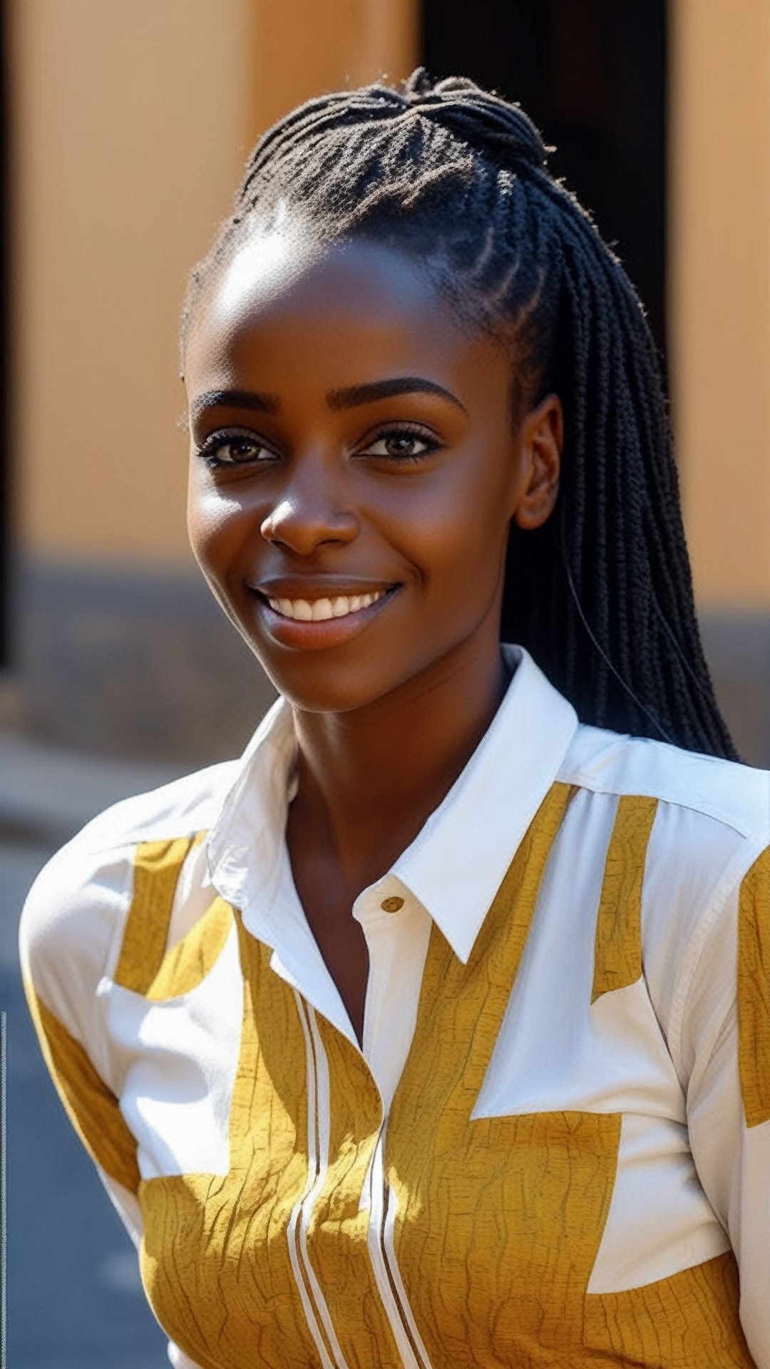 best quality, 8k, 8k UHD, ultra realistic, ultra detailed, hyperdetailed photography, real photo, realistic eyes, solo female, beautiful, african, detailed hair, blouse, photo r3al, outdoors, african town, detailed face, playful, 25 years old, smile, natural beauty, upper body, closeup, african fashion