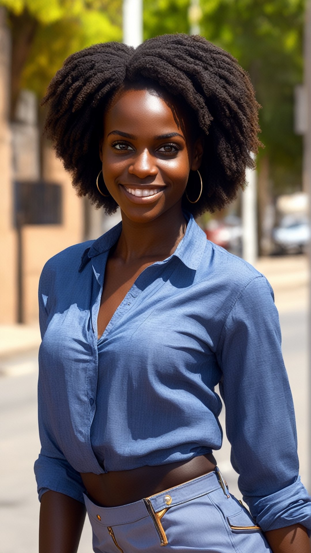 best quality, 8k, 8k UHD, ultra realistic, ultra detailed, hyperdetailed photography, real photo, realistic eyes, solo female, beautiful, african, detailed hair, blouse, photo r3al, outdoors, african town, detailed face, playful, 25 years old, smile, natural beauty, upper body, closeup, african fashion