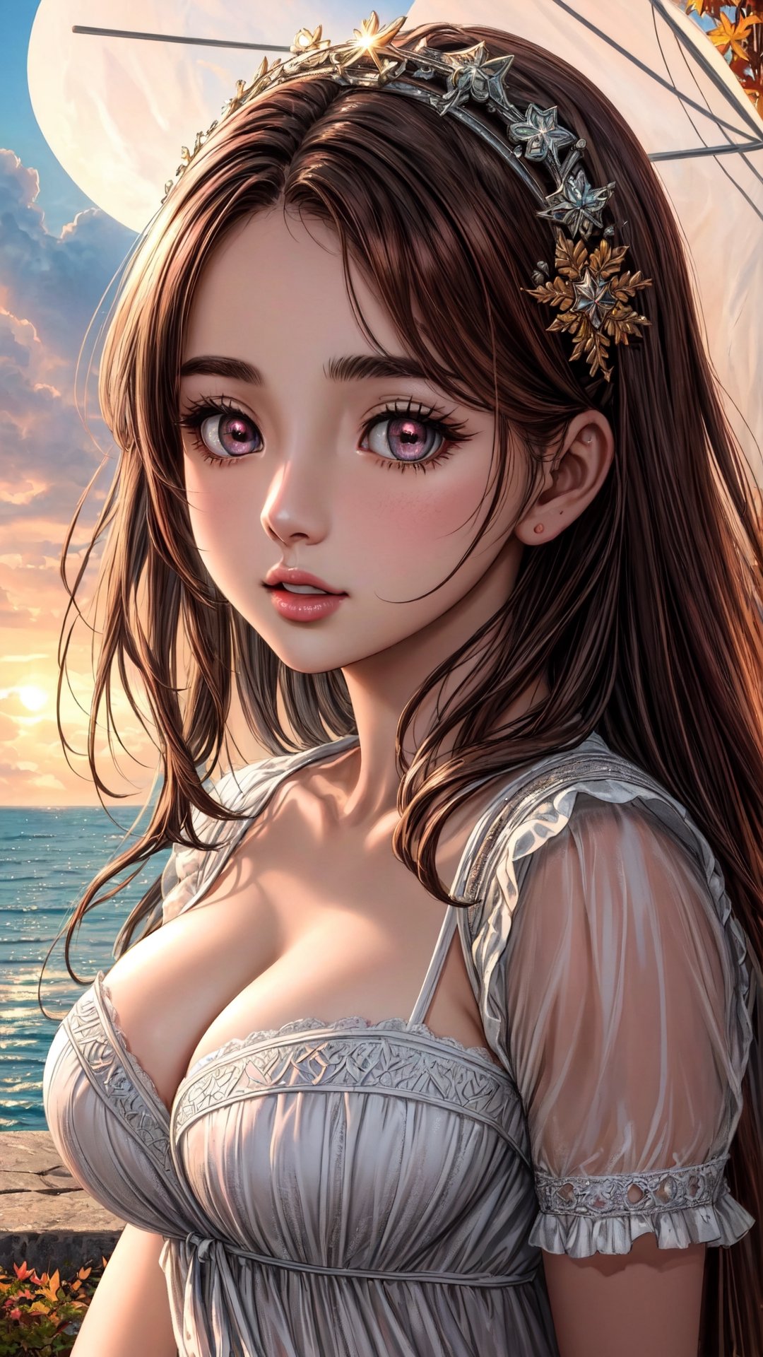 (masterpiece, best quality), ultra-detailed, glow, (depth of field), perfect face, detailed face, 8k, UHD, highly detailed, best quality, beautiful body, natural breasts, 1girl, intricate details, brown hair, ocean gray eyes, pink lips, beautiful clear eyes, symmetrical eyes, A beautiful 18yo girl, wearing an Ancient Rome princess dress, In fantasy Rome city, beautiful nature, Beautiful sun ray light on sky and cloudy, Autumn,