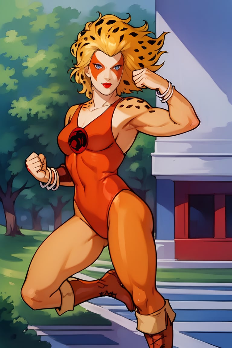 score_9, score_8_up,score_7_up, source_anime, 1girl, , solo, bracelets, red lips, blonde, facial mark, red lips, multi color skin, blond hair,  leopard spot on the hair,  flat colors,  outdoors, medium hair, reddish boots,CheeXL, orange leotard, portrait, fight pose