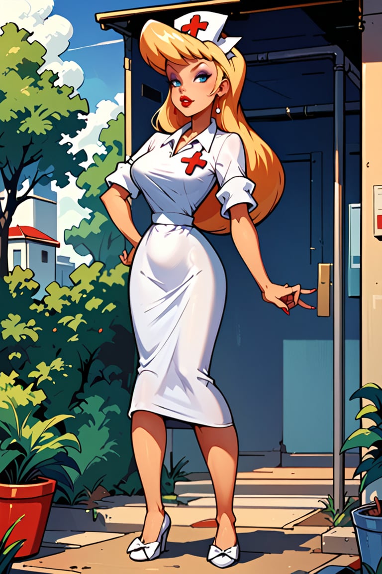 full_body 2:3, outdoors, cartoon style,masterpiece, best quality, highly detailed, score_9, score_8_up, score_7_up, score_6_up, source_anime, BREAK,  HellonurseXL, blond hair, blonde, 1girl, lipstick, long hair, blue_eyes, nurse cap, white nurse uniform, nurse shoes with white bow, perfect eyebrows, looking_at_the_viewer 