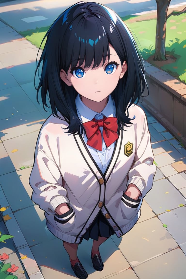 score_9, score_8_up,score_7_up, source_anime, 1girl, , solo,RikkaSSSGridman,white cardigan with black lines,bangs,lack shirt,red neck bow,white shirt,medium hair, blue eyes, black hair, from above, full body, outdoors, school,