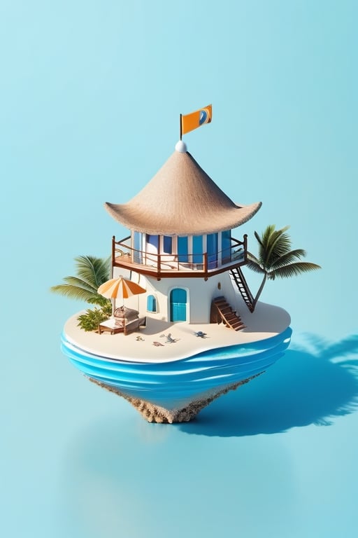 Miniature photography, (surrealist dream style), masterpieces, best quality,((((simple background,isometric view)))), An island on the sea, tower,object,(((no humans))),dynamic graphic art,professional simbol design,Very Complex perfect elegant composition,3D icon,beach hut,island hut