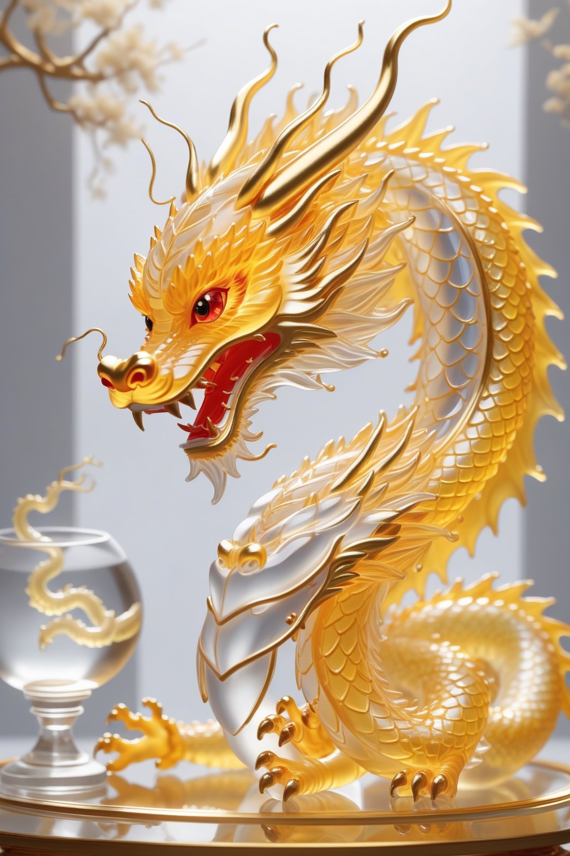 Clear glass skin figurine of a cute Chinese Dragon on a table,full body,aesthetic,wide shot,basic backdrop,highly detailed,sharp focus,rule of thirds,studio photo,trending on artstation,cinematic lighting,gbaywing,Clear Glass Skin,golden dragon