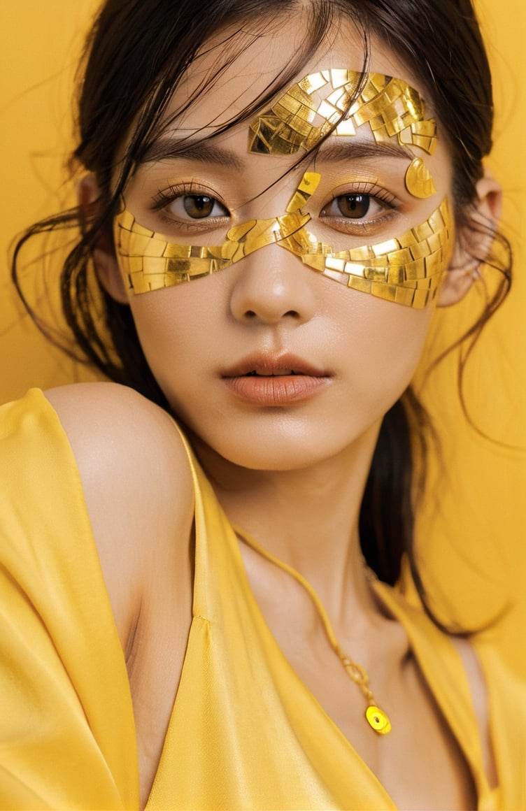 xxmixgirl,a woman in golden is posing on a yellow background, in the style of realistic fantasy artwork, hyper-realistic