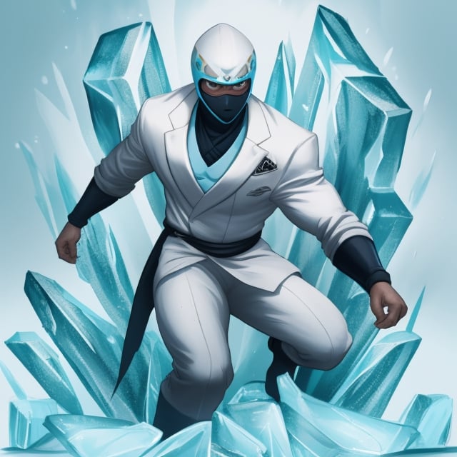 A ninja in a white suit with ice elemental power