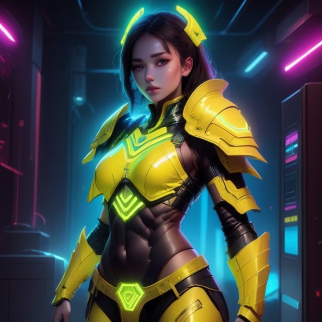 A girl in yellow neon light battle armor with abs