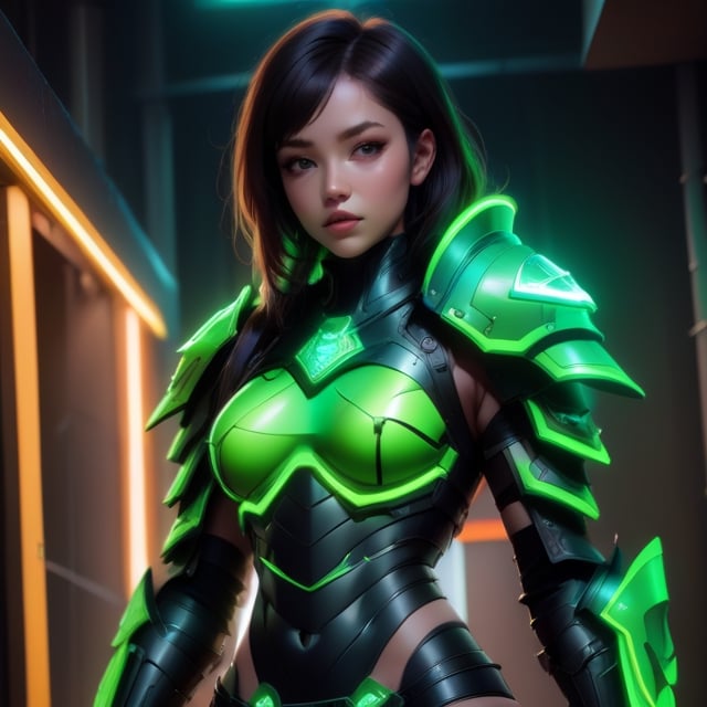 A girl in green lime neon light battle armor with abs