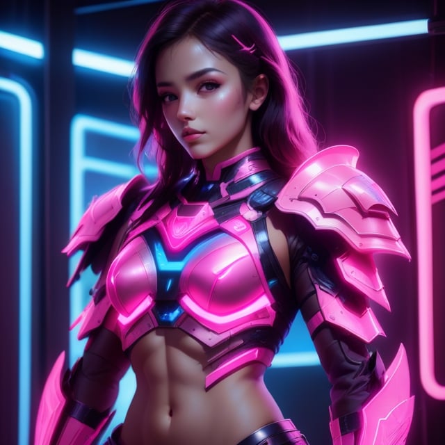 A girl in pink neon light battle armor with abs