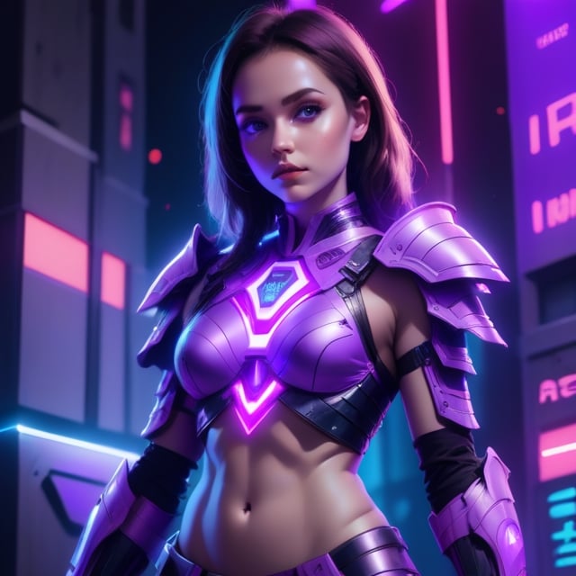 A girl in purple neon light battle armor with abs