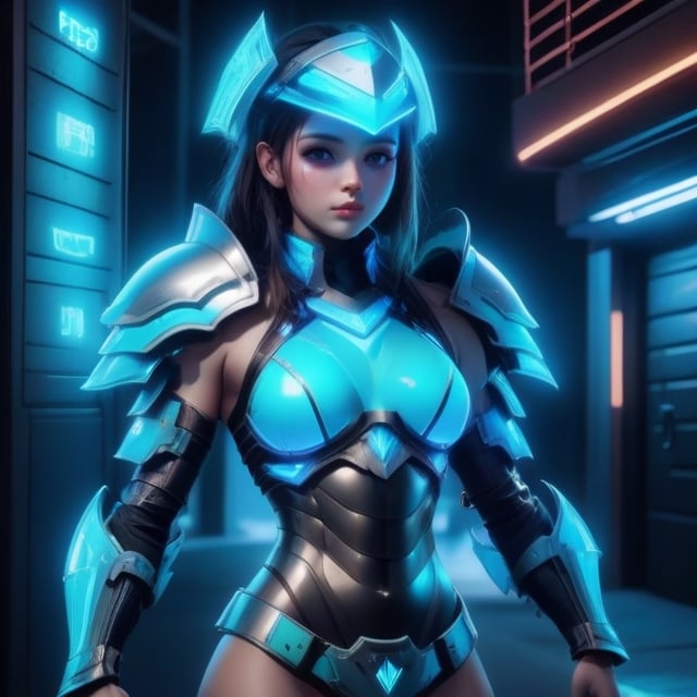 A girl in aqua neon light battle armor with abs