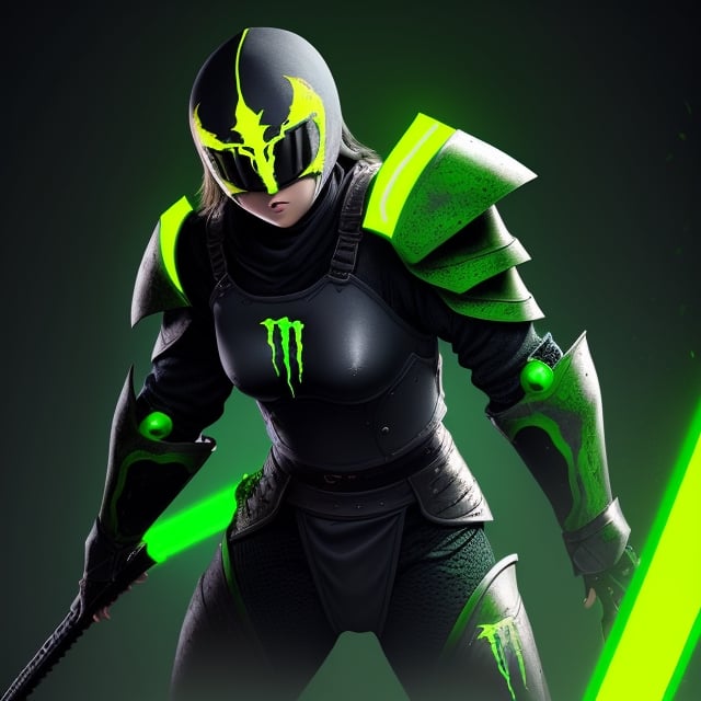 A ninja girl in green neon light armor and with the monster energy logo