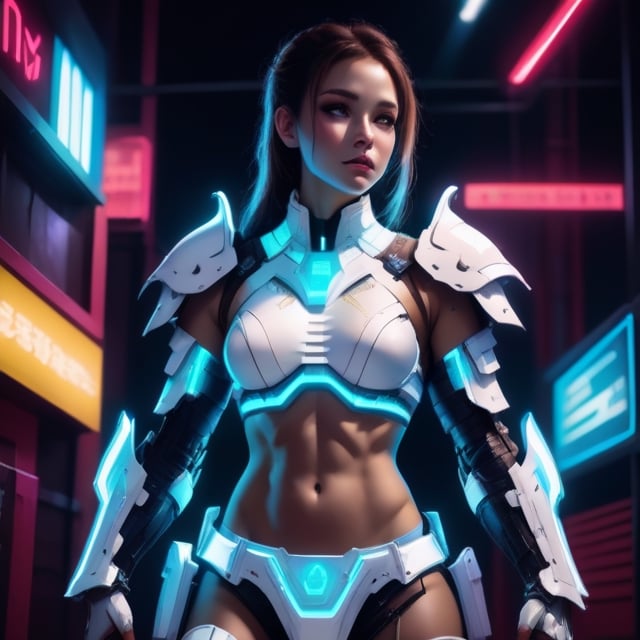 A girl in white neon light battle armor with abs