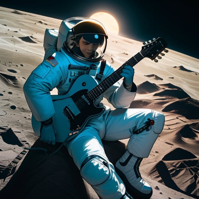 a man playing guitar on the moon in an astronaut suit